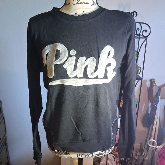 PINK VICTORIA'S SECRET Black Long Sleeve SweatShirt Pink Logo & Side Zip Small - Picture 2 of 10
